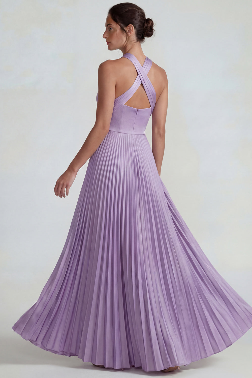 Zapakasa Women Lilac A Line Long Wedding Guest Dress Halter Satin