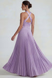 Lilac A Line Halter Pleated Satin Long Wedding Guest Dress
