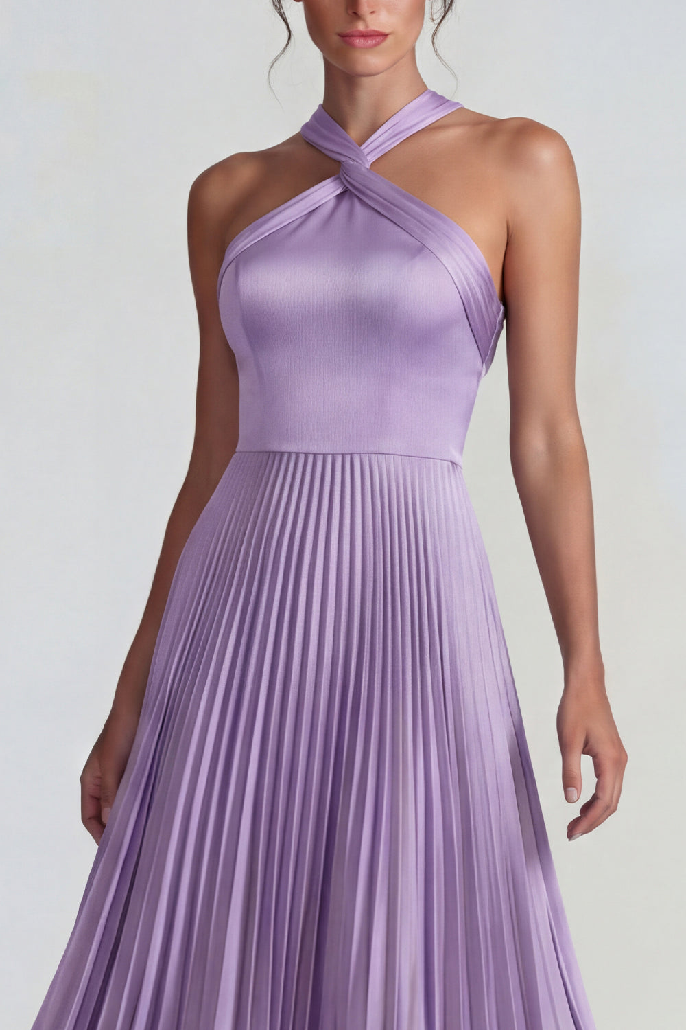 Lilac A Line Halter Pleated Satin Long Wedding Guest Dress