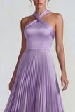 Lilac A Line Halter Pleated Satin Long Wedding Guest Dress