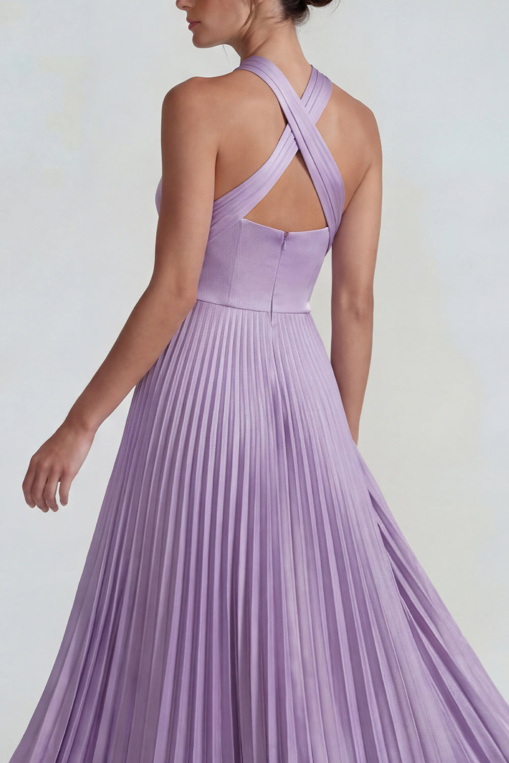 Lilac A Line Halter Pleated Satin Long Wedding Guest Dress