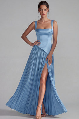 Blue Satin Pleated Long Basque Waist Wedding Guest Dress with Slit