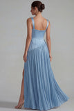 Blue Satin Pleated Long Basque Waist Wedding Guest Dress with Slit