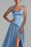 Blue Satin Pleated Long Basque Waist Wedding Guest Dress with Slit