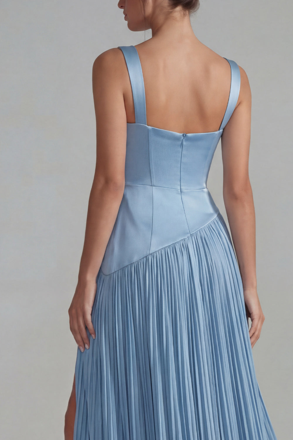 Blue Satin Pleated Long Basque Waist Wedding Guest Dress with Slit