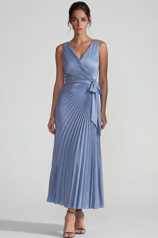 Grey Blue V Neck Pleated Satin Sheath Long Wedding Guest Dress