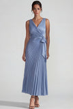 Grey Blue V Neck Pleated Satin Sheath Long Wedding Guest Dress