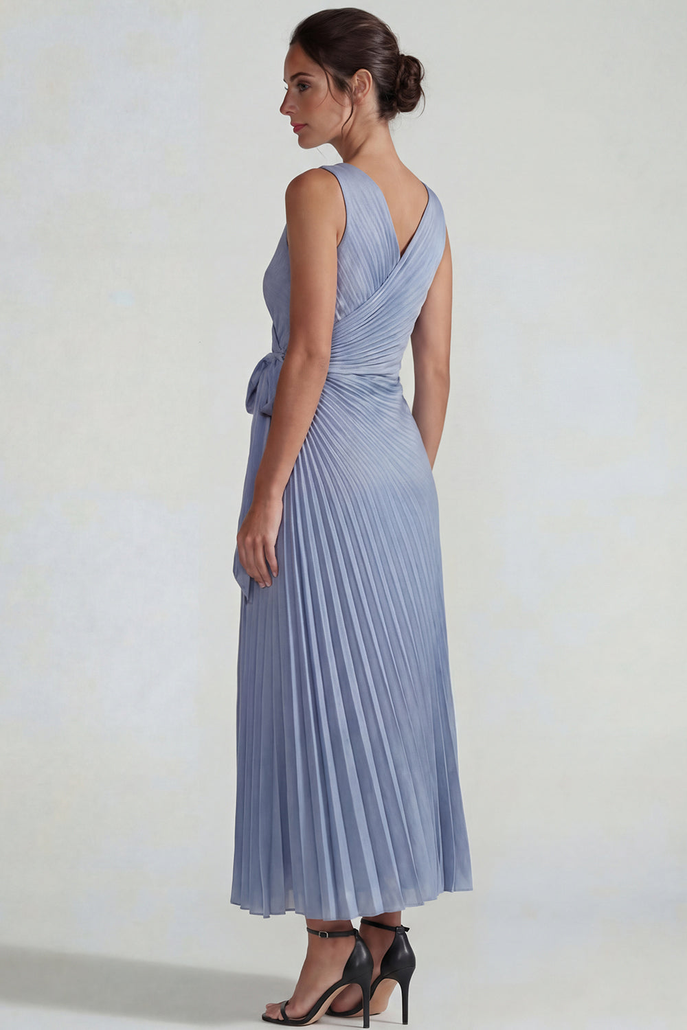 Grey Blue V Neck Pleated Satin Sheath Long Wedding Guest Dress