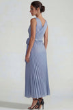 Grey Blue V Neck Pleated Satin Sheath Long Wedding Guest Dress