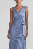 Grey Blue V Neck Pleated Satin Sheath Long Wedding Guest Dress