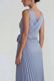Grey Blue V Neck Pleated Satin Sheath Long Wedding Guest Dress