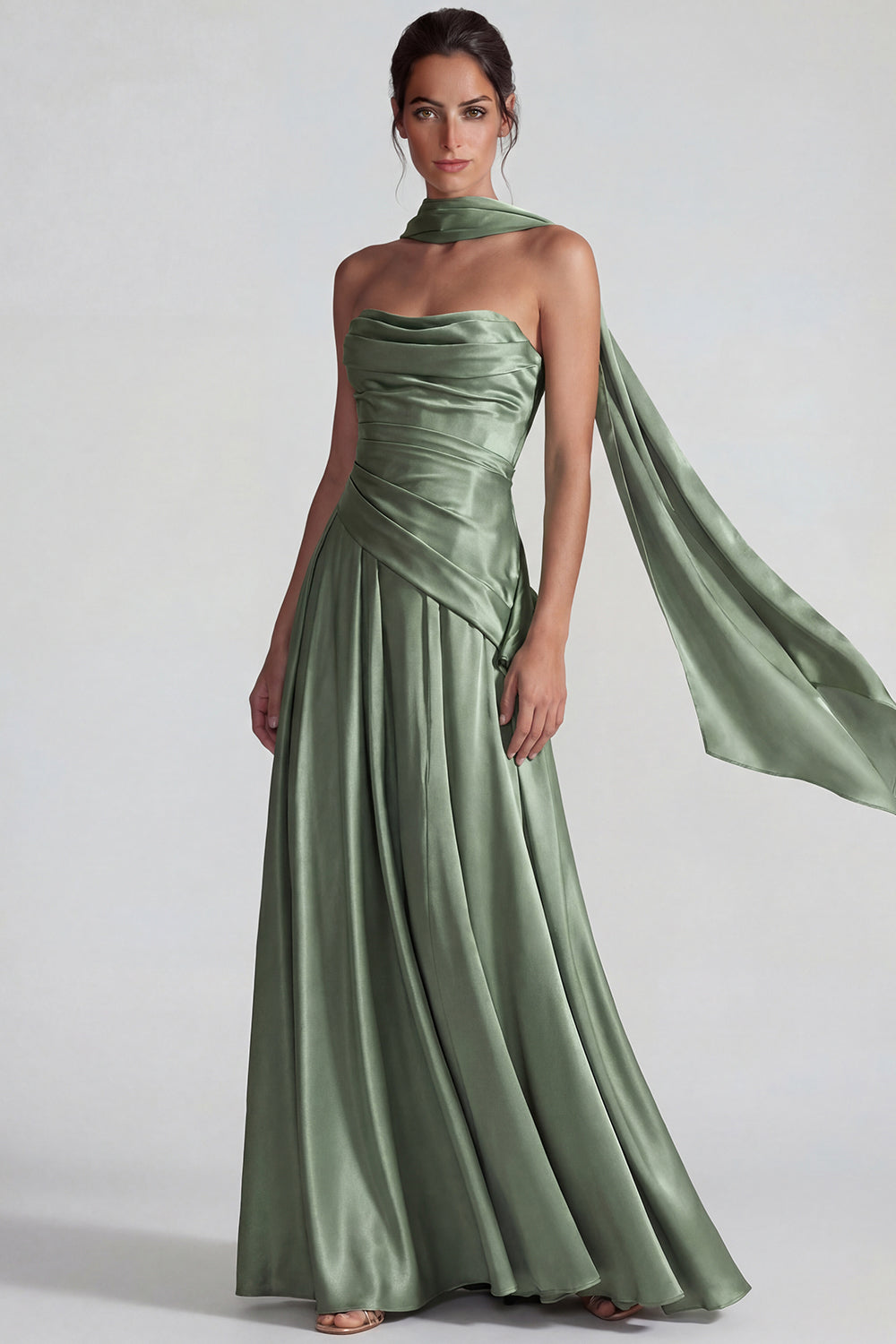 Dusty Sage A Line Neck Scarf Satin Long Wedding Guest Dress