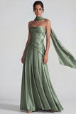 Dusty Sage A Line Neck Scarf Satin Long Wedding Guest Dress