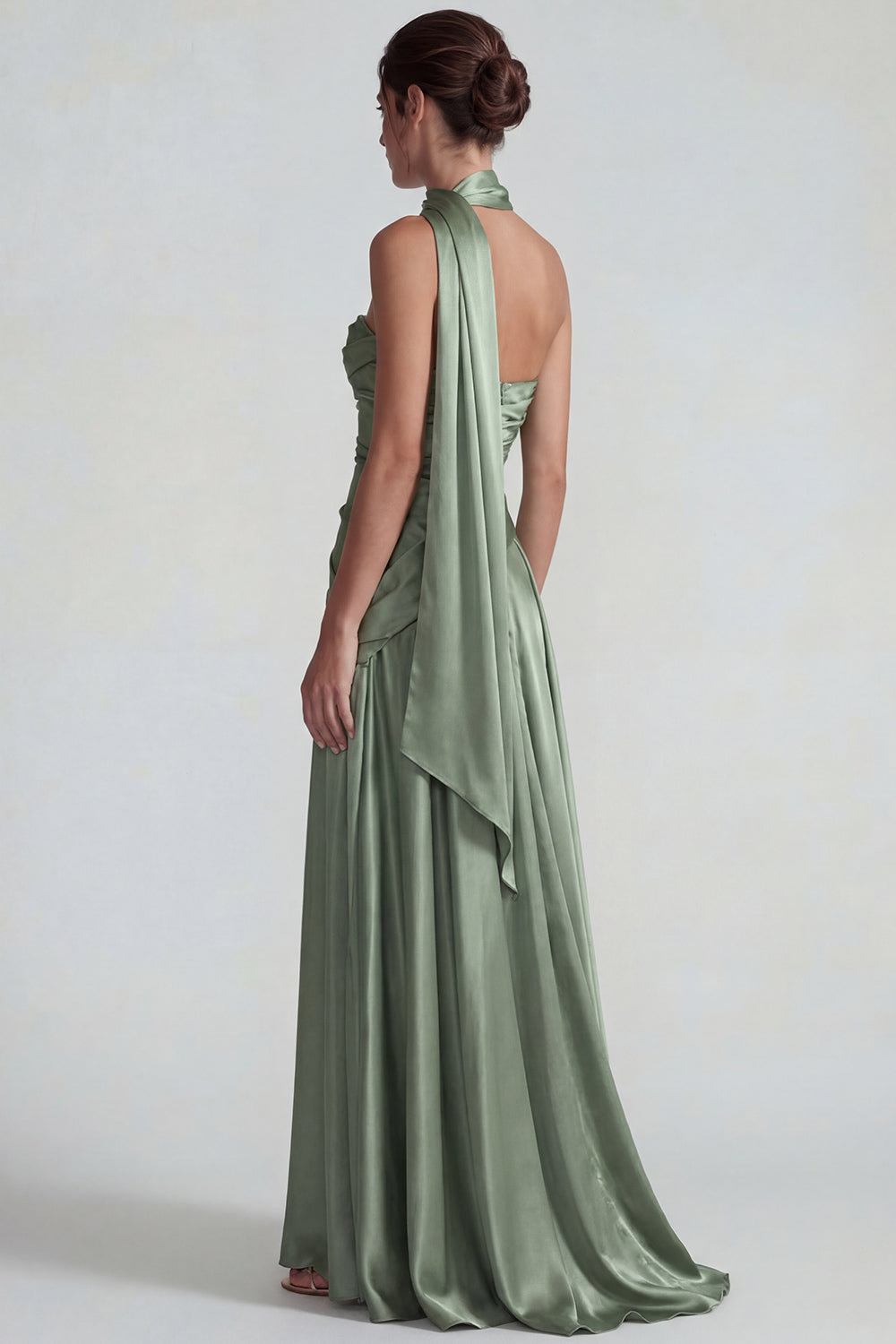 Dusty Sage A Line Neck Scarf Satin Long Wedding Guest Dress