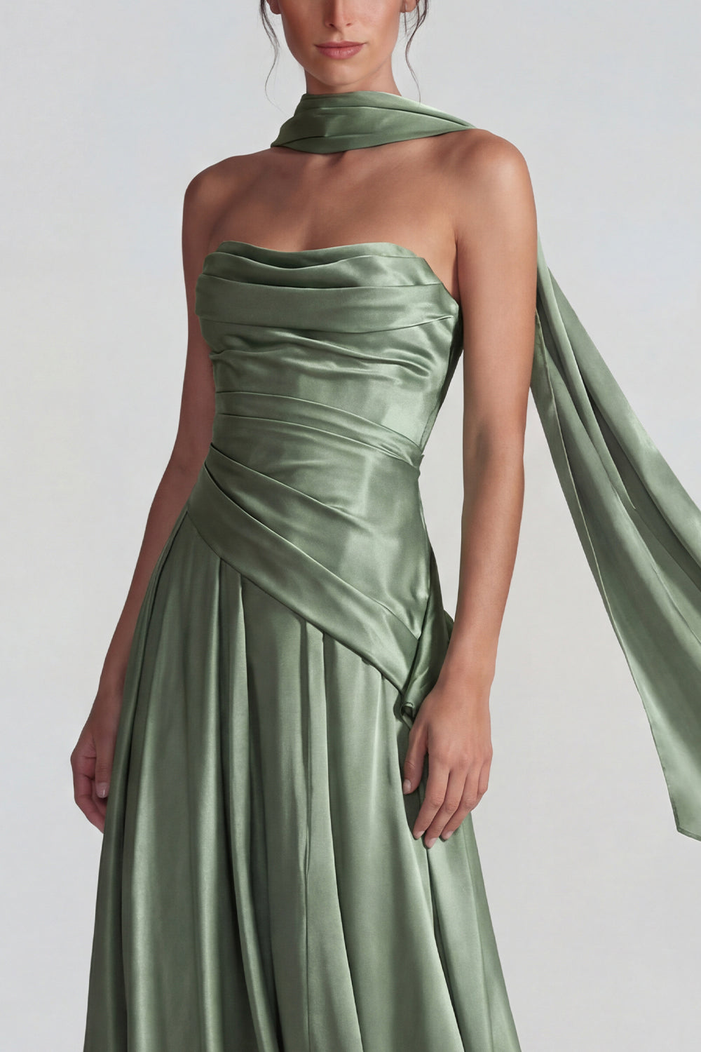 Dusty Sage A Line Neck Scarf Satin Long Wedding Guest Dress