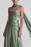 Dusty Sage A Line Neck Scarf Satin Long Wedding Guest Dress