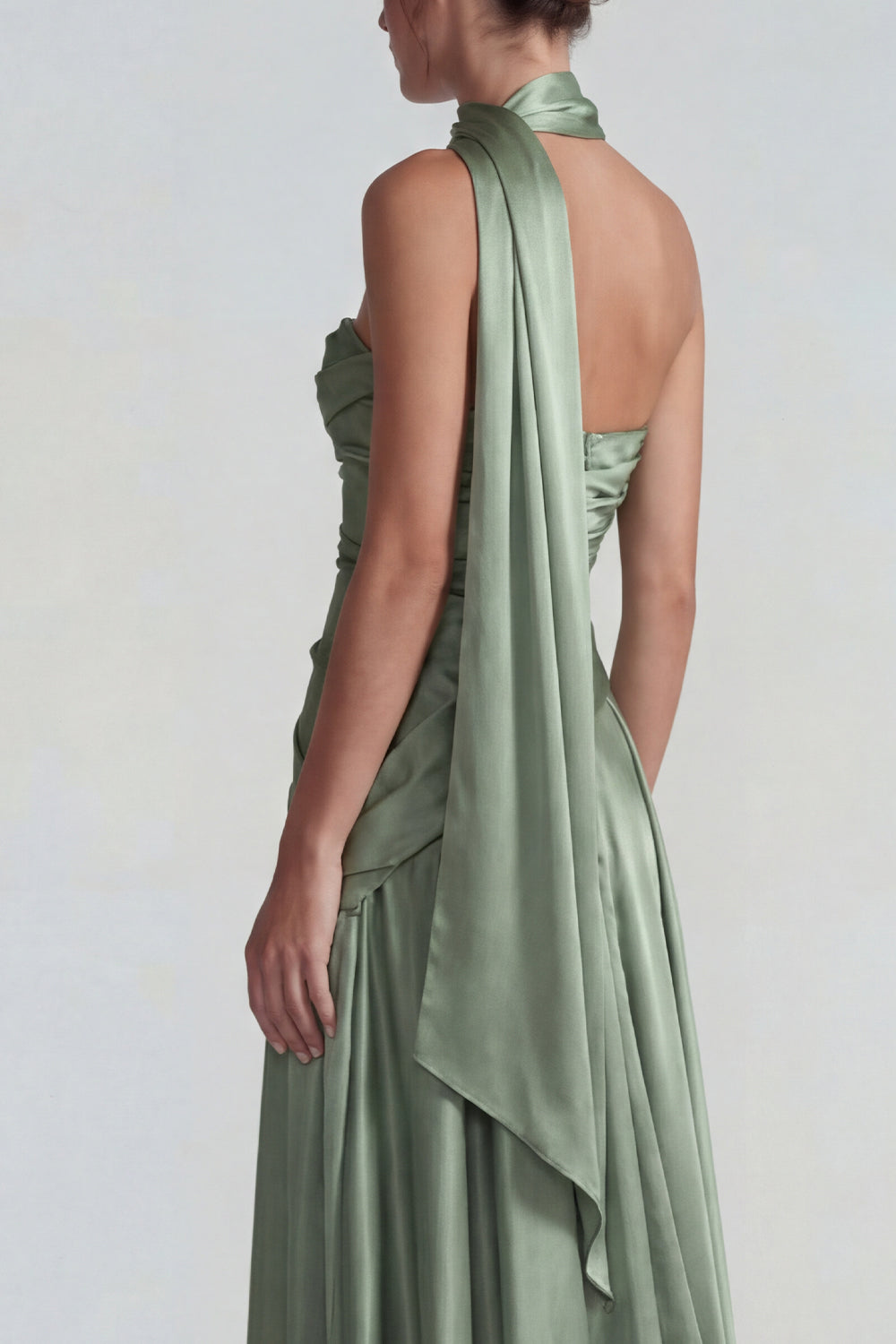 Dusty Sage A Line Neck Scarf Satin Long Wedding Guest Dress