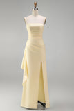 Light Yellow Strapless Satin Sheath Ruffled Long Wedding Guest Dress with Slit