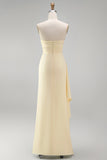 Light Yellow Strapless Satin Sheath Ruffled Long Wedding Guest Dress with Slit