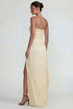 Light Yellow Strapless Satin Sheath Ruffled Long Wedding Guest Dress with Slit