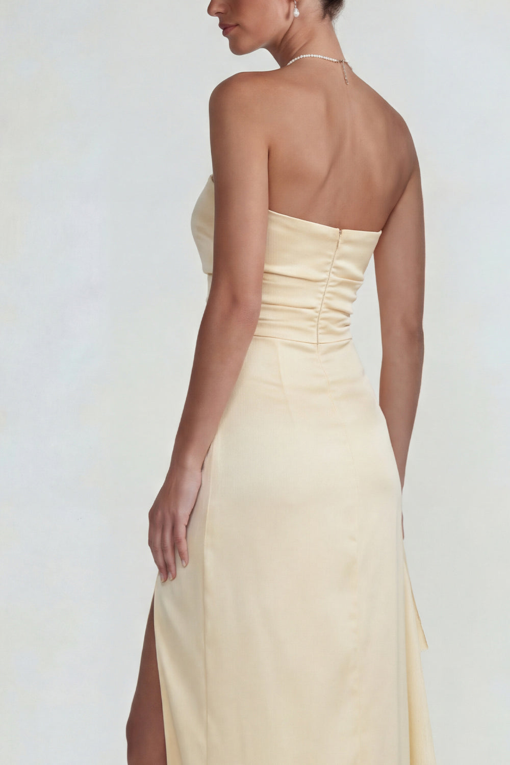 Light Yellow Strapless Satin Sheath Ruffled Long Wedding Guest Dress with Slit