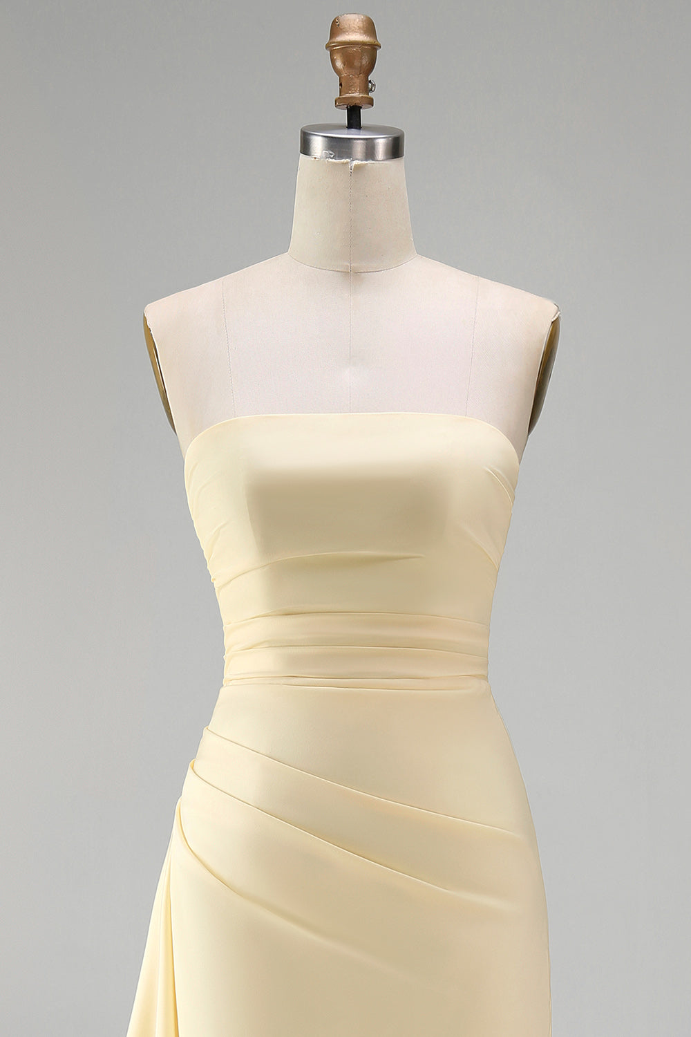 Light Yellow Strapless Satin Sheath Ruffled Long Wedding Guest Dress with Slit