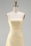 Light Yellow Strapless Satin Sheath Ruffled Long Wedding Guest Dress with Slit