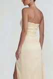 Light Yellow Strapless Satin Sheath Ruffled Long Wedding Guest Dress with Slit