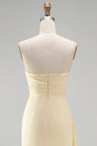 Light Yellow Strapless Satin Sheath Ruffled Long Wedding Guest Dress with Slit