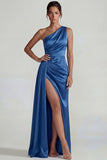 Dark Blue One Shoulder Sheath Long Satin Wedding Guest Dress with Slit