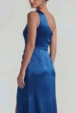 Dark Blue One Shoulder Sheath Long Satin Wedding Guest Dress with Slit