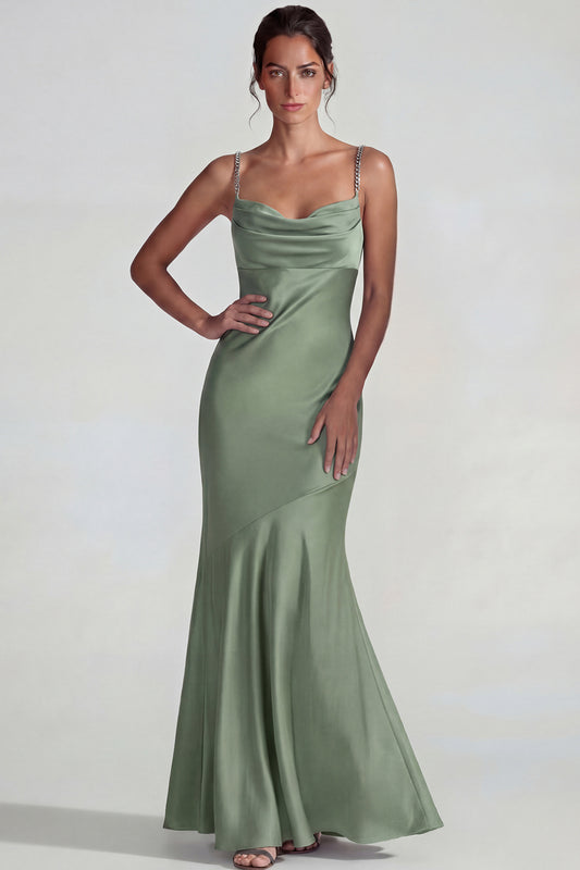 Dusty Sage Spaghetti Straps Satin Mermaid Long Wedding Guest Dress