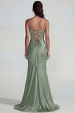 Dusty Sage Spaghetti Straps Satin Mermaid Long Wedding Guest Dress