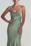 Dusty Sage Spaghetti Straps Satin Mermaid Long Wedding Guest Dress