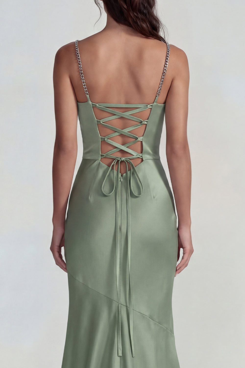 Dusty Sage Spaghetti Straps Satin Mermaid Long Wedding Guest Dress