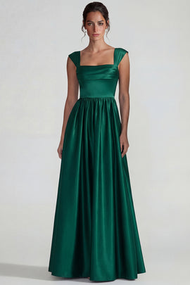 Dark Green A Line Satin Square Neck Long Wedding Guest Dress