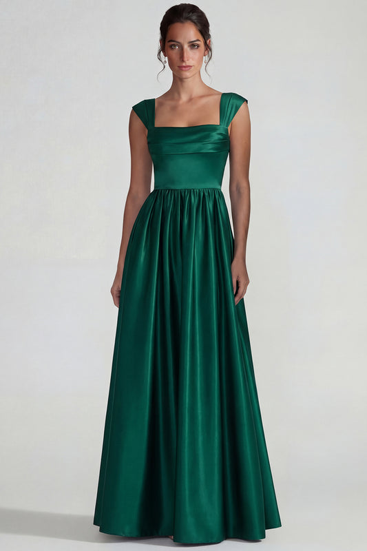 Dark Green A Line Satin Square Neck Long Wedding Guest Dress