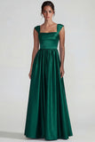 Dark Green A Line Satin Square Neck Long Wedding Guest Dress