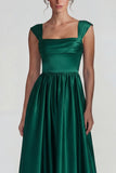Dark Green A Line Satin Square Neck Long Wedding Guest Dress
