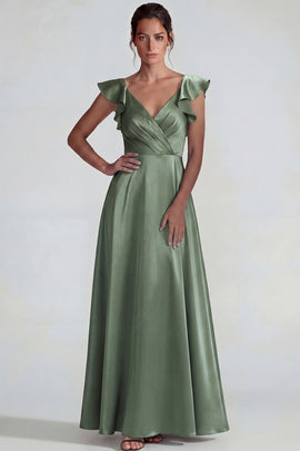 Dusty Sage Ruffled V Neck A Line Long Satin Wedding Guest Dress