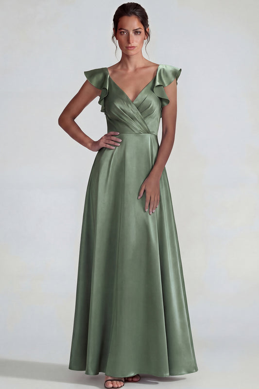 Dusty Sage Ruffled V Neck A Line Long Satin Wedding Guest Dress