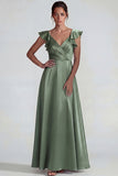 Dusty Sage Ruffled V Neck A Line Long Satin Wedding Guest Dress