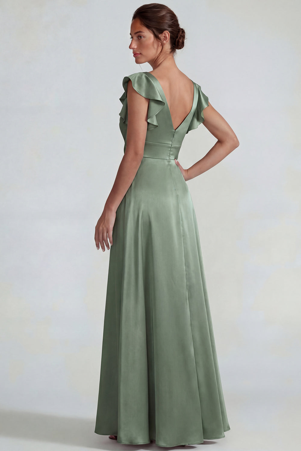 Dusty Sage Ruffled V Neck A Line Long Satin Wedding Guest Dress