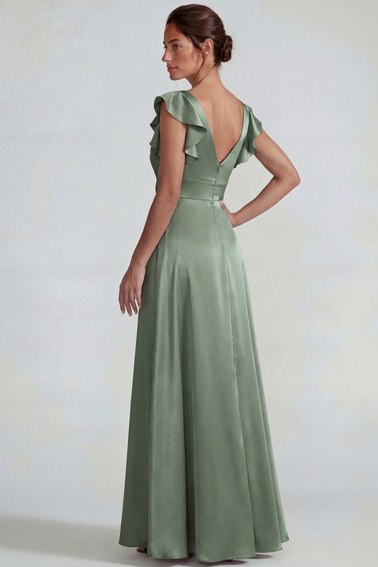 Dusty Sage Ruffled V Neck A Line Long Satin Wedding Guest Dress