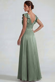 Dusty Sage Ruffled V Neck A Line Long Satin Wedding Guest Dress