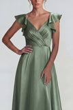 Dusty Sage Ruffled V Neck A Line Long Satin Wedding Guest Dress