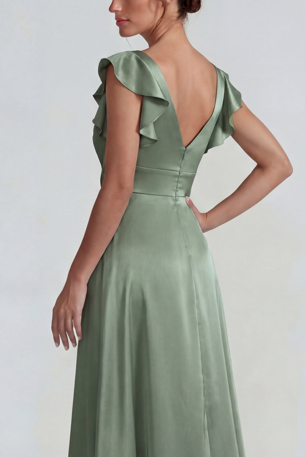 Dusty Sage Ruffled V Neck A Line Long Satin Wedding Guest Dress