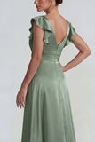 Dusty Sage Ruffled V Neck A Line Long Satin Wedding Guest Dress