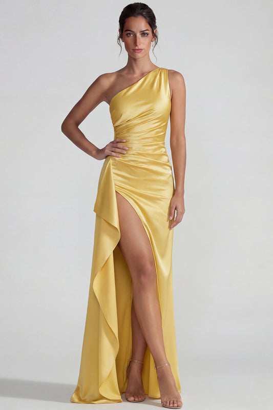 Sheath Yellow One Shoulder Ruffled Long Wedding Guest Dress with Slit