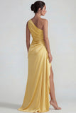Sheath Yellow One Shoulder Ruffled Long Wedding Guest Dress with Slit